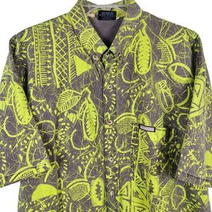 Instinct‎ Mens L Short Sleeve Button Down Shirt Neon Green Tribal Batik Surfcore